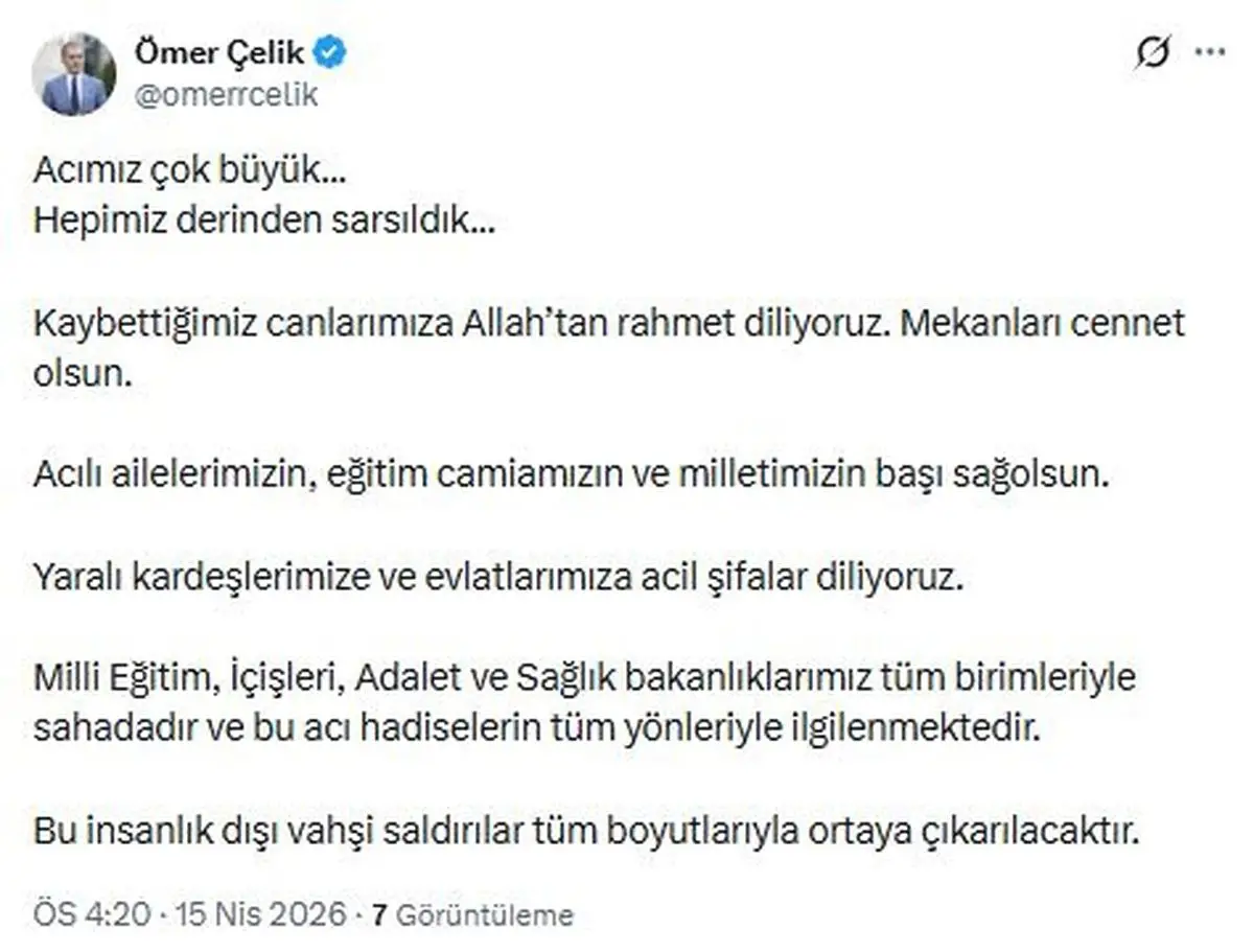 Ömer Çelik'ten Kahramanmaraş Saldırısına Duygu Yüklü Açıklama
