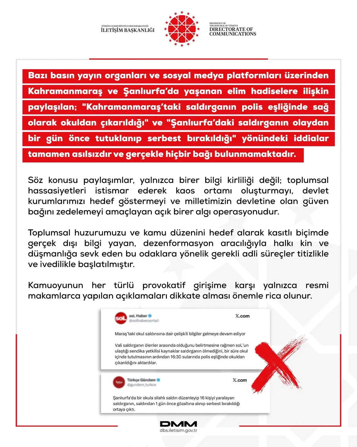 DMM, Kahramanmaraş ve Şanlıurfa'daki Saldırılarla İlgili Yanlış Bilgileri Yalanladı