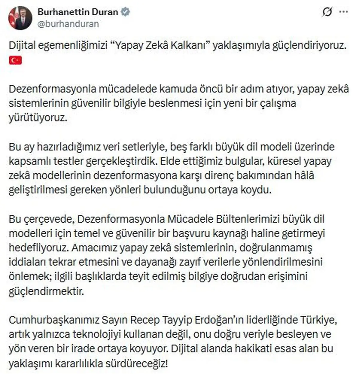İletişim Başkanı Burhanettin Duran yapay zeka kalkanı