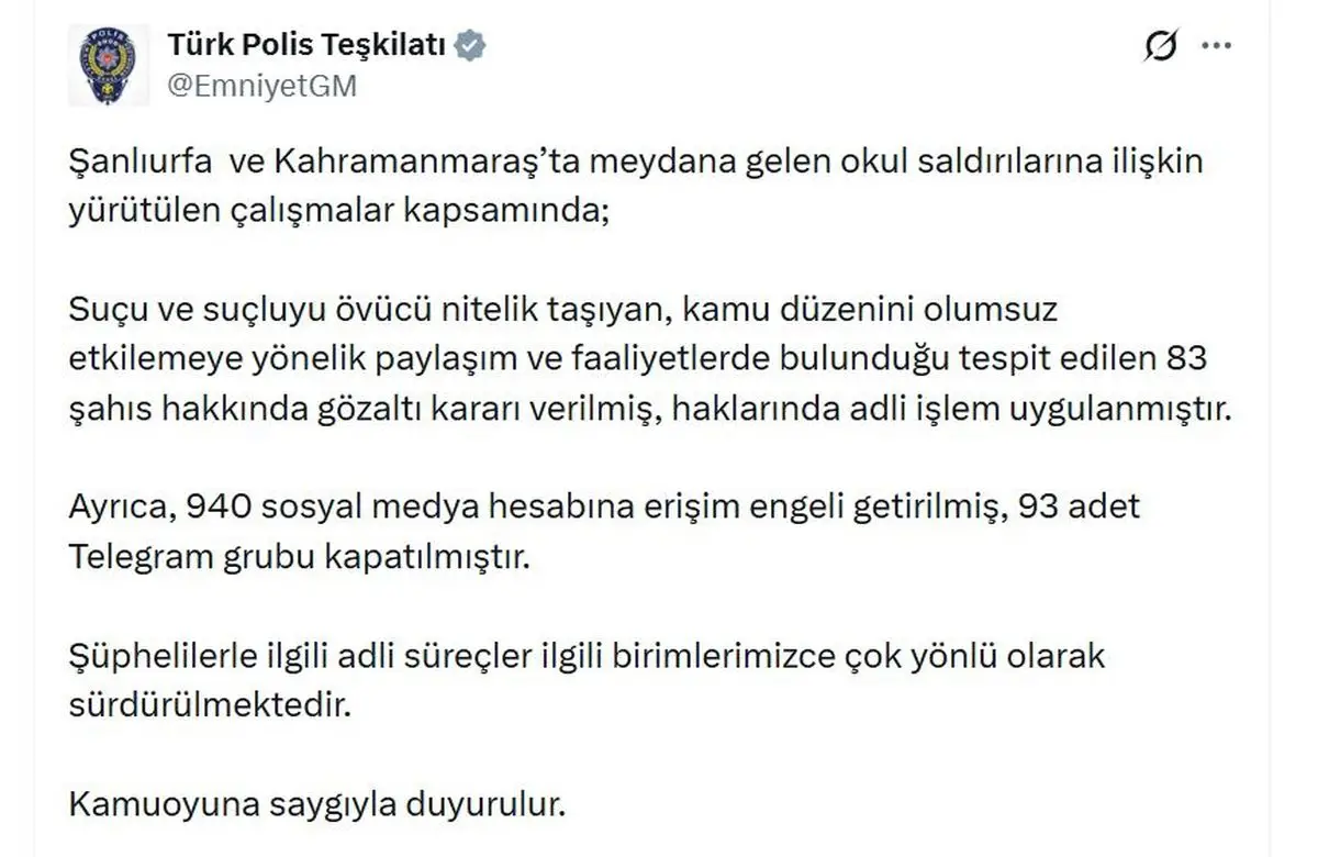 Şanlıurfa ve Kahramanmaraş’ta Okul Saldırıları Sonrası 83 Şüpheli Gözaltında