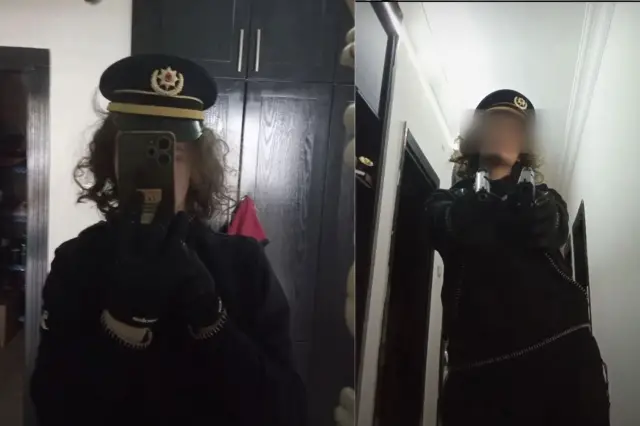 Saldırgan polis şapkasıyla duruyor