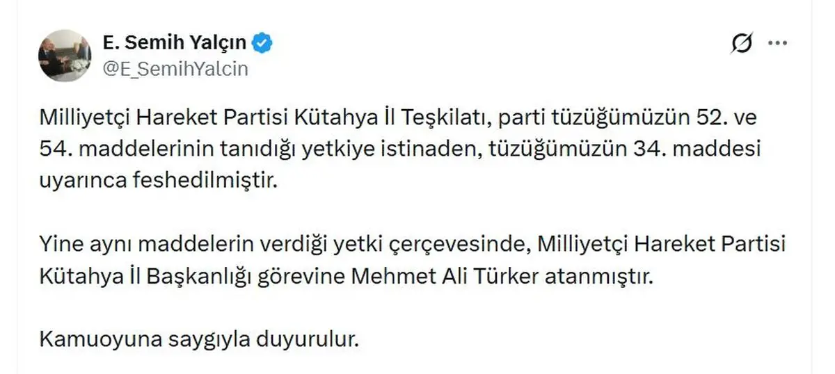 MHP Kütahya İl Teşkilatı Feshedildi