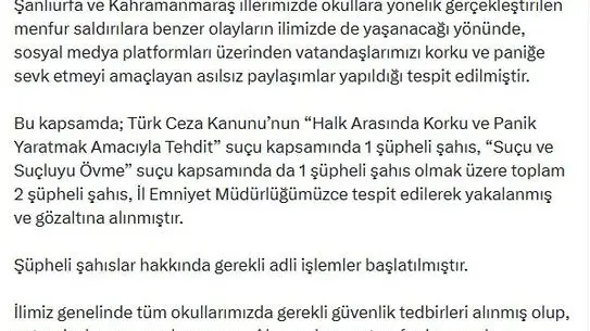 Denizli'de Sosyal Medyada Yayılan Asılsız Okul Saldırısı Haberlerine Polis Operasyonu