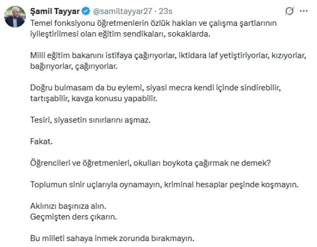Tayyar'ın paylaşım ekran görüntüsü