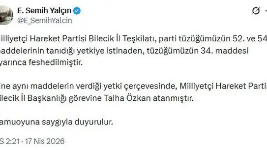 MHP Bilecik İl Teşkilatı Resmen Dağıtıldı, Talha Özkan Yeni İl Başkanlığına Atandı