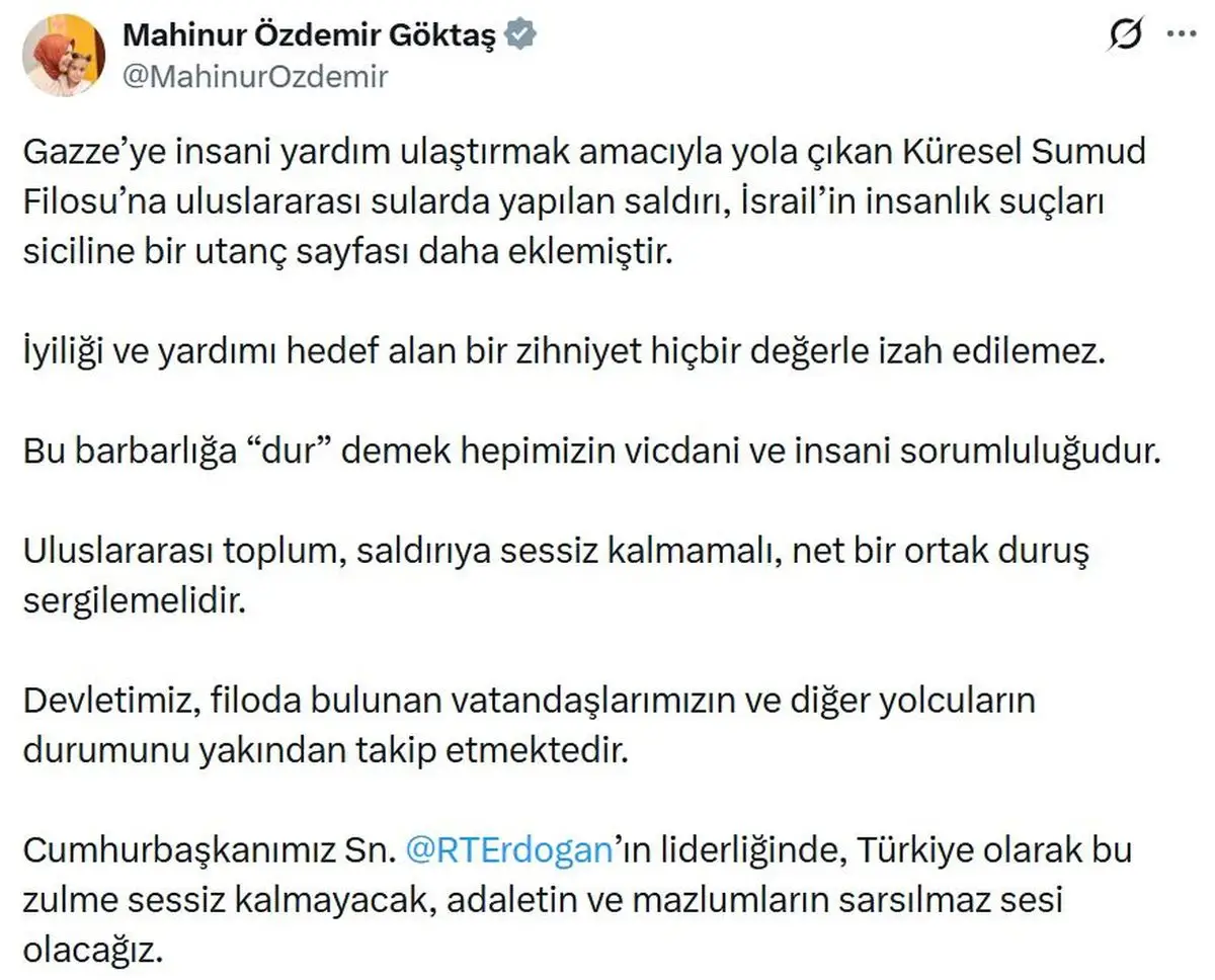 Bakan Göktaş'tan İsrail'e Sert Eleştiri: Küresel Sumud Filosu'na Saldırı İnsanlık Suçları Listesine Yeni Bir Sayfa Ekledi