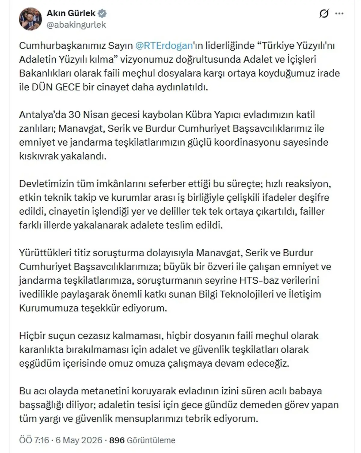 Adalet Bakanı Gürlek: Kübra Yapıcı’nın Katil Şüphelileri Manavgat, Serik ve Burdur’da Yakalandı