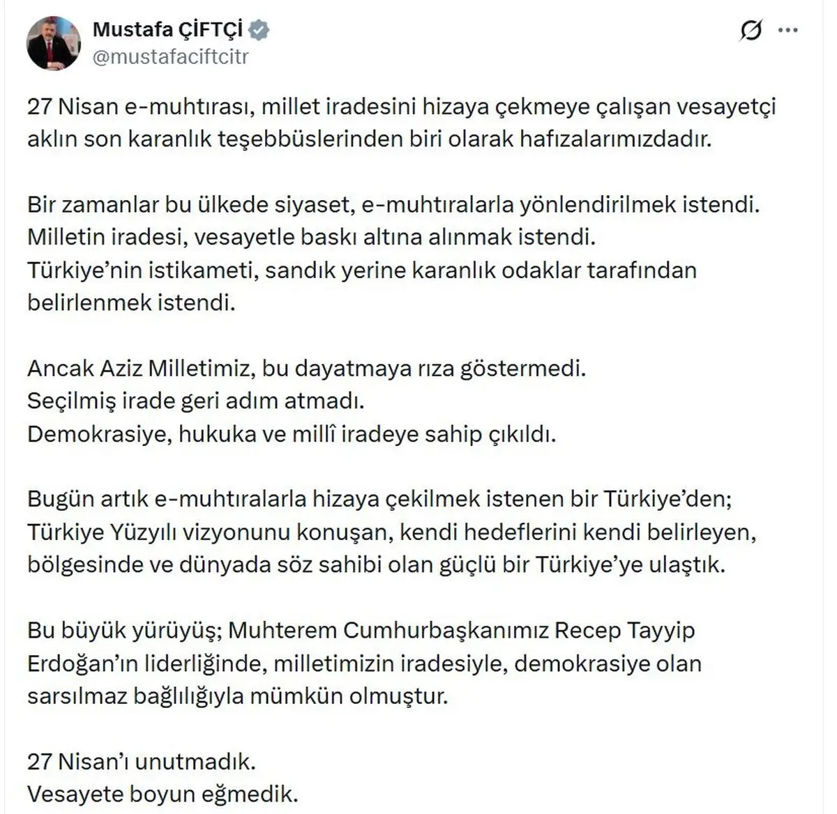 Bakan Çiftçi, 27 Nisan E‑Muhtıra ile Türkiye Yüzyılı Vizyonunu Vurguladı