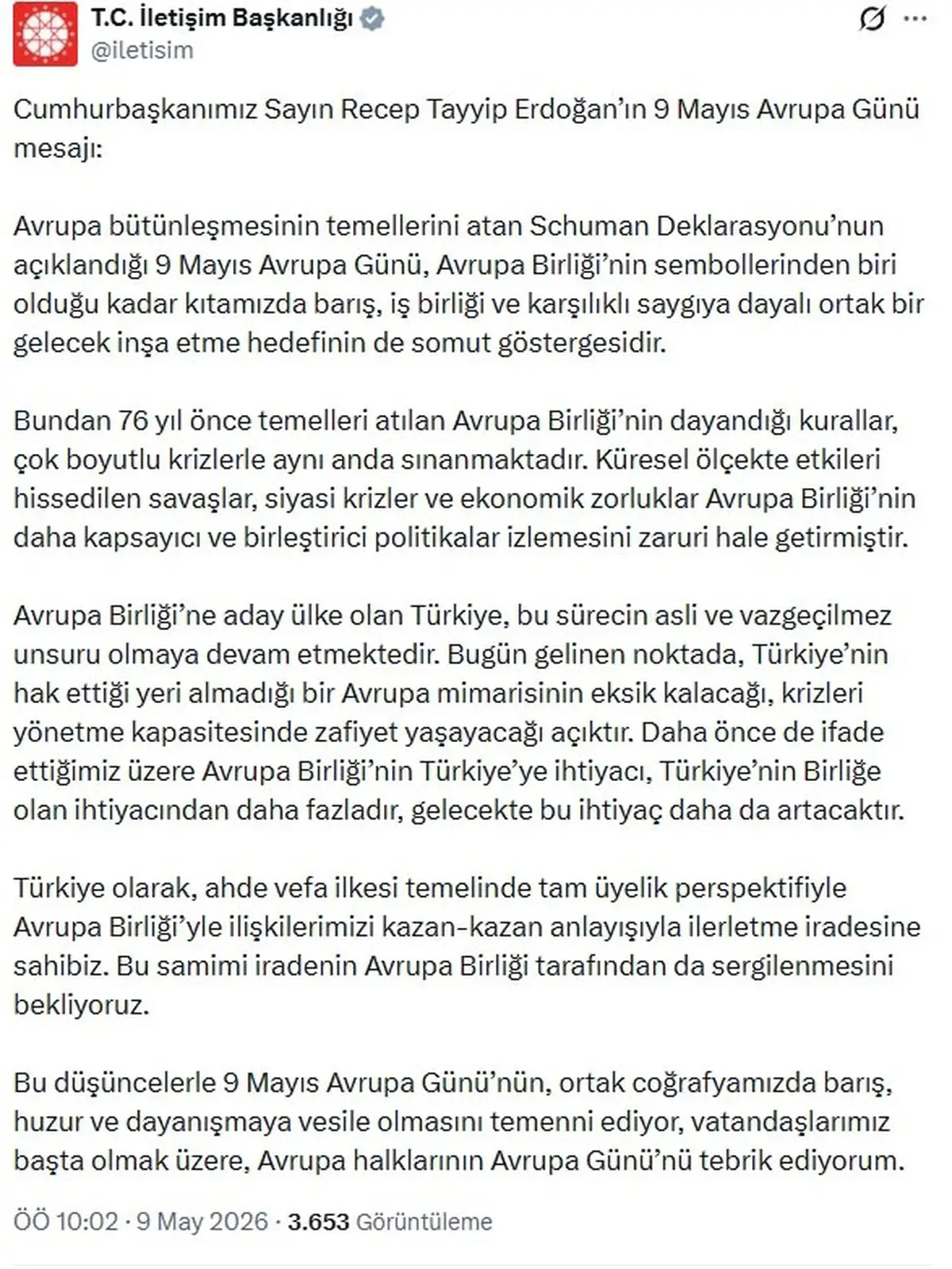 Erdoğan, 9 Mayıs Avrupa Günü’nde AB’ye Samimi İrade Çağrısı Yaptı