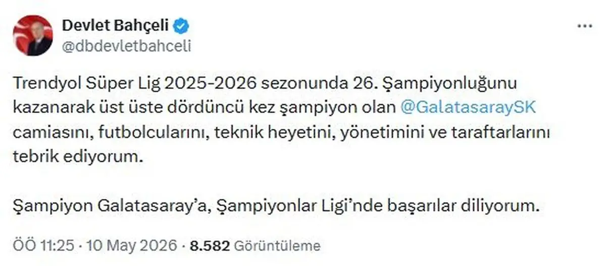 MHP Lideri Devlet Bahçeli'den Galatasaray'ın Dördüncü Lig Şampiyonluğuna Tebrik Mesajı