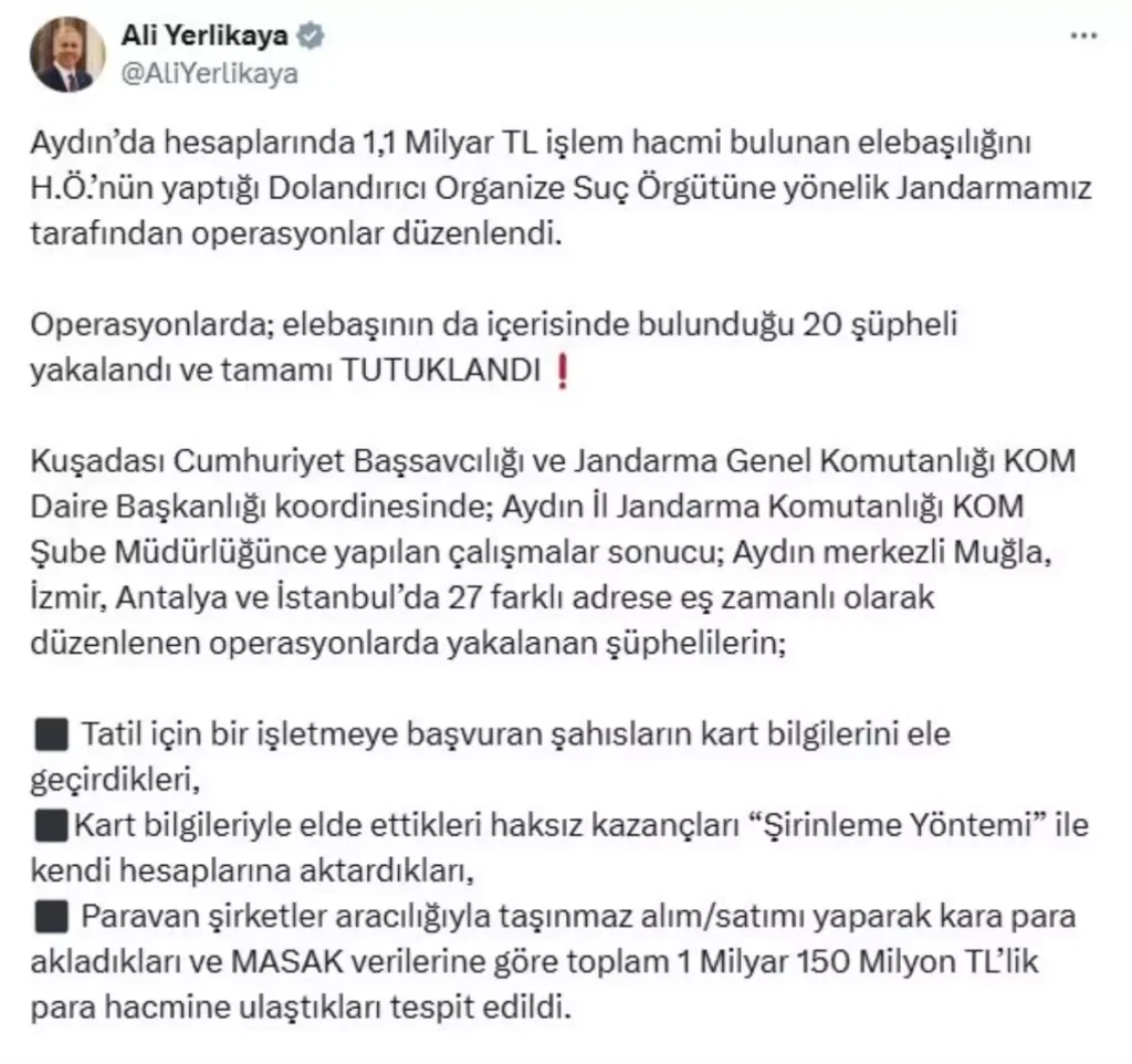 Bakan Yerlikaya: Aydın’da Dolandırıcılık Çetesine Darbe