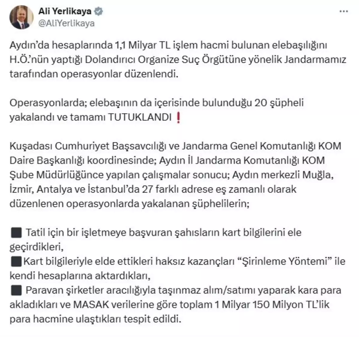 Bakan Yerlikaya: Aydın’da Dolandırıcılık Çetesine Darbe