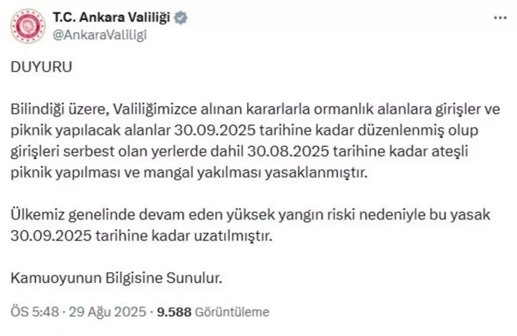 Ankara’da Ateşli Piknik Yasağı Uzatıldı