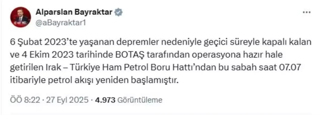 Irak-Türkiye Ham Petrol Boru Hattı Tekrar Hizmette