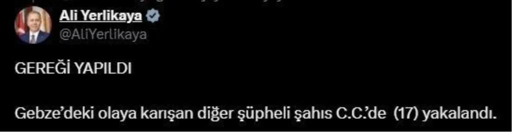 Bakan Yerlikaya’dan Gebze’deki Olayla İlgili Yeni Açıklama