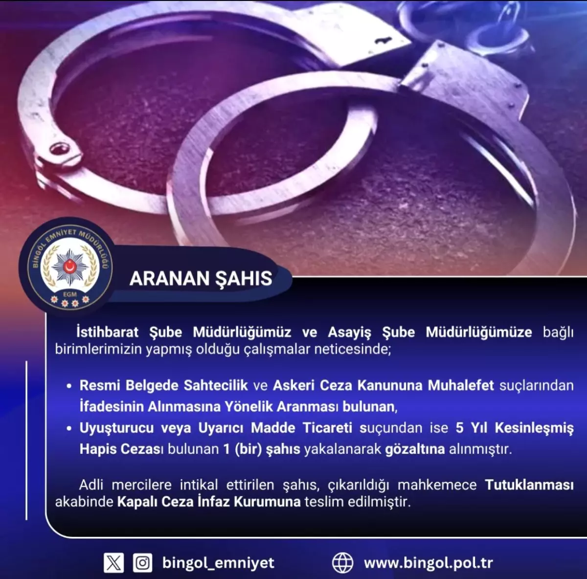 Bingöl’de Hapis Cezası Bulunan Zanlı Yakalandı