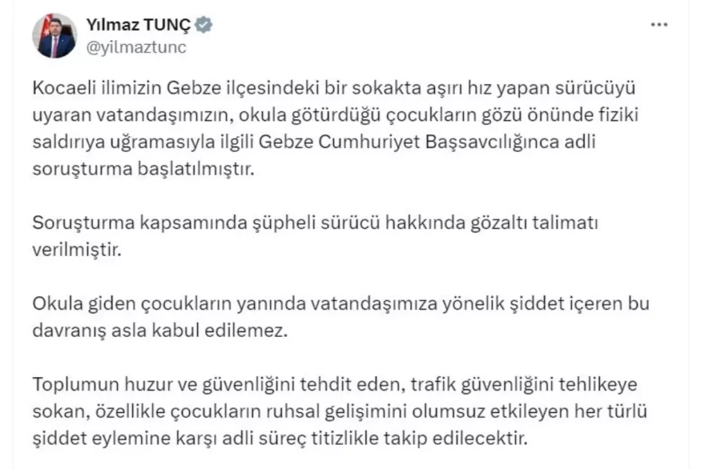 Bakan Tunç’tan Trafik Tartışmasında Şiddete Karşı Sert Yorum