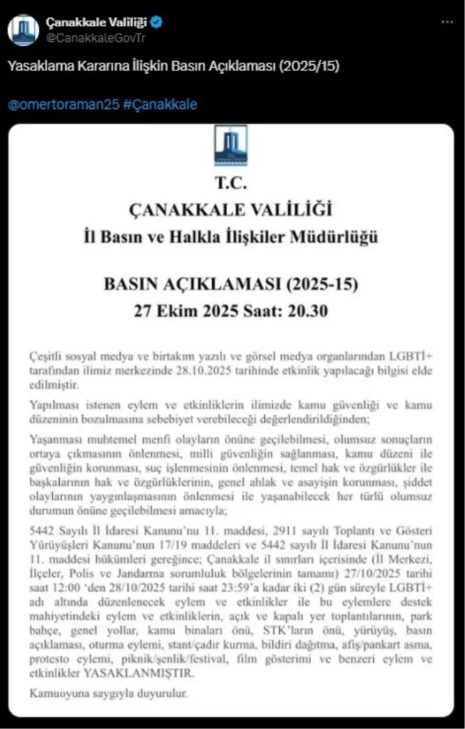 Çanakkale’de LGBTİ Etkinliklerine Yasak Kararı