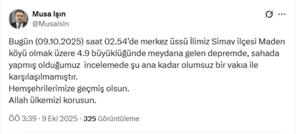 Kütahya’da 4.9 Büyüklüğünde Deprem: Herhangi Bir Olumsuzluk Yok
