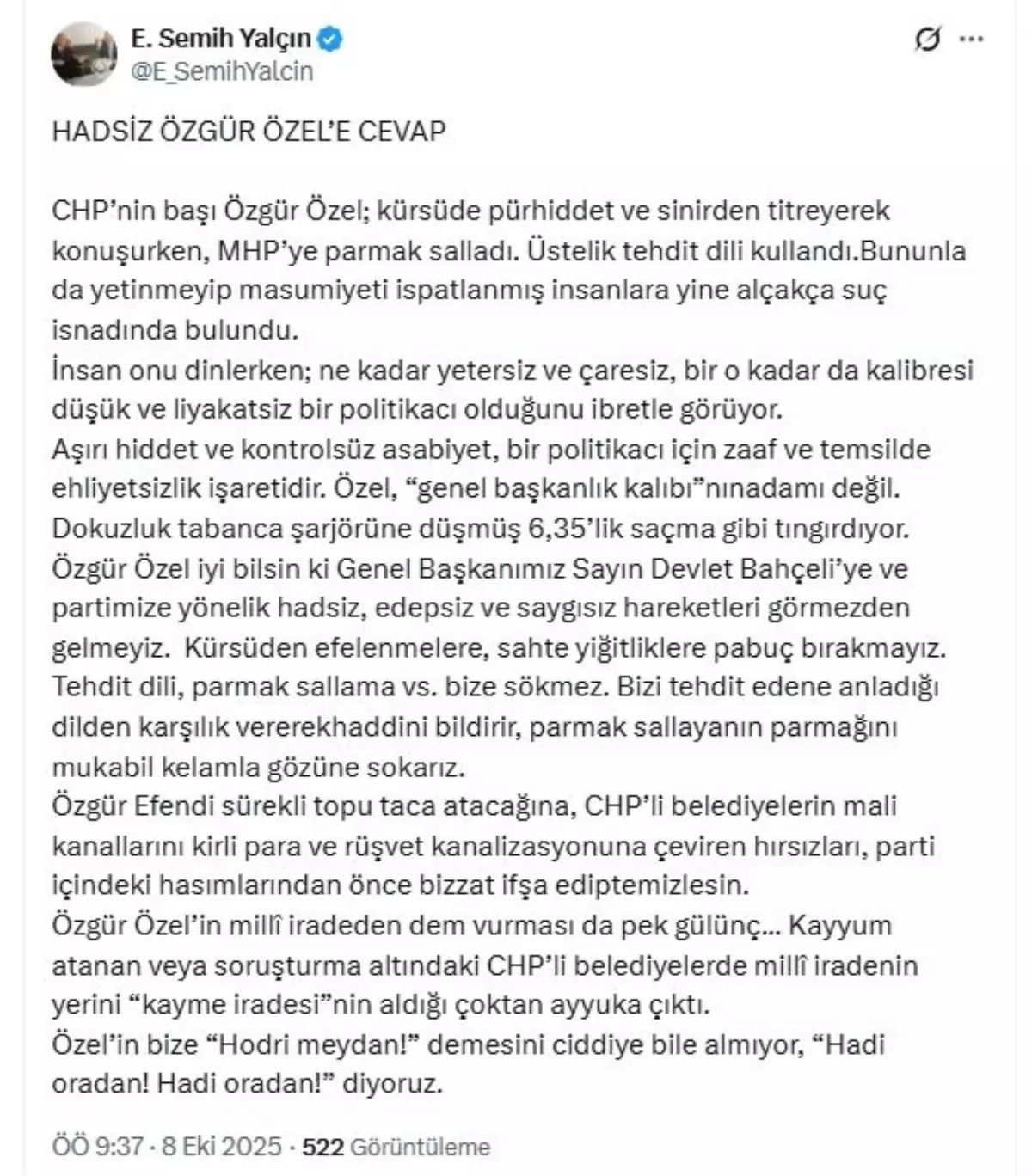 MHP’li Semih Yalçın’dan Özgür Özel’e Sert Yanıt
