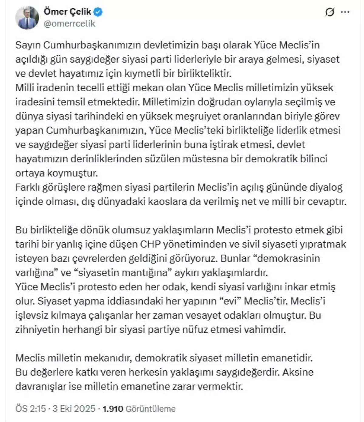 Ömer Çelik: Meclis Açılışında Sağlanan Birliktelik Değerlidir