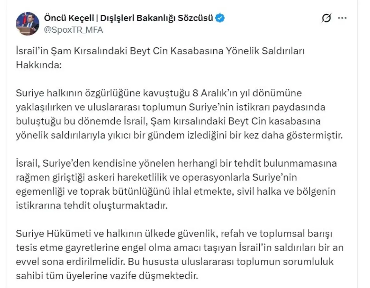 Dışişleri’nden İsrail’in Suriye Saldırılarına Sert Tepki
