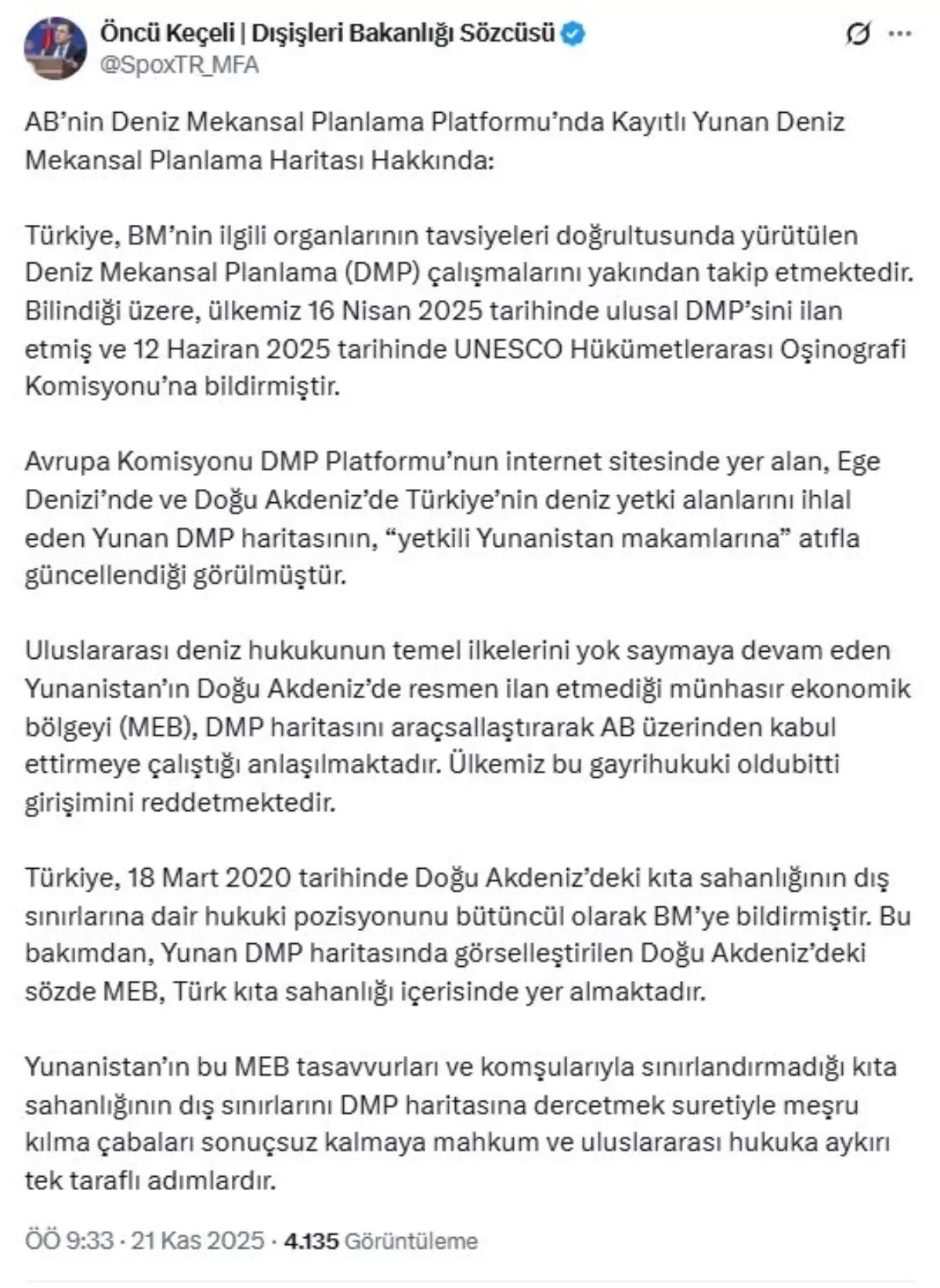 Türk Dışişleri: Yunan’ın “Gayrihukuki” MEB İddiası Sert Çürütüldü
