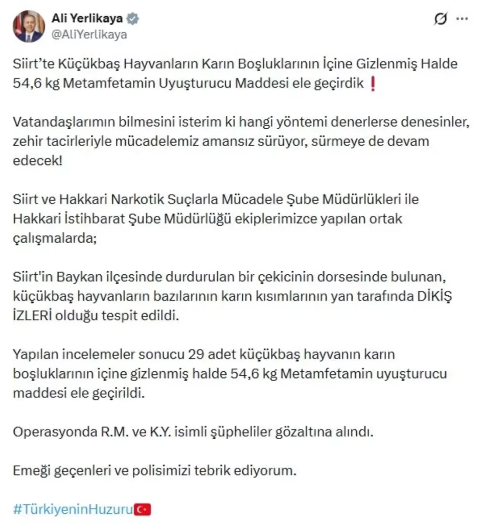 Siirt’te Narkotik Operasyonu: 54,6 kg Metamfetamin Ele Geçirildi