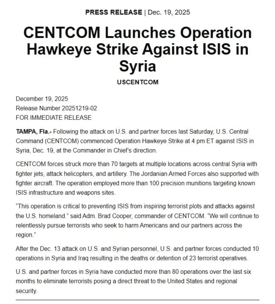 ABD’den Suriye’de DEAŞ’a Karşı Büyük Operasyon: Hawkeye (Şahin Gözü) Başlatıldı