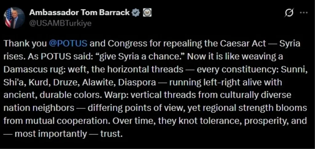 ABD Büyükelçisi Barrack’tan Sezar Yasası Kaldırıldığına Dair Şaşırtıcı Teşekkür!