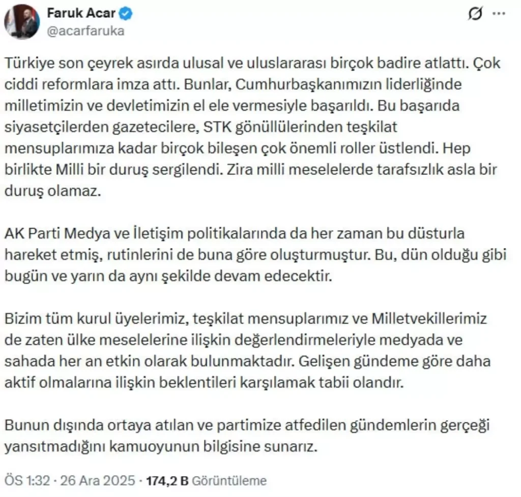 AK Parti’nin Medya ve Etkinlik Stratejisi: Faruk Acar’dan Milli Duruş Mesajı