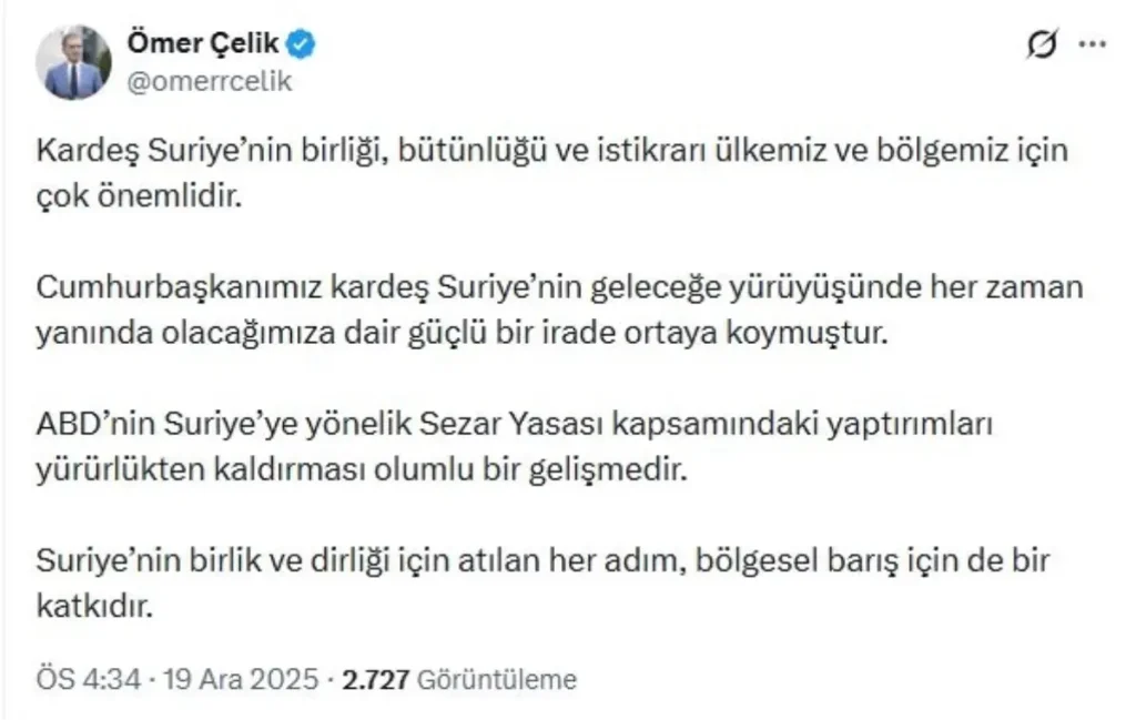 Çelik’ten ABD’nin Suriye Yaptırımlarına Yönelik Olumlu Değerlendirme