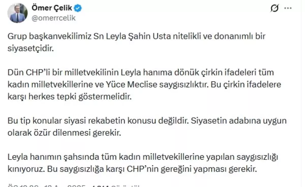 Ömer Çelik’ten Leyla Şahin Usta’ya Yönelik CHP Eleştirisi