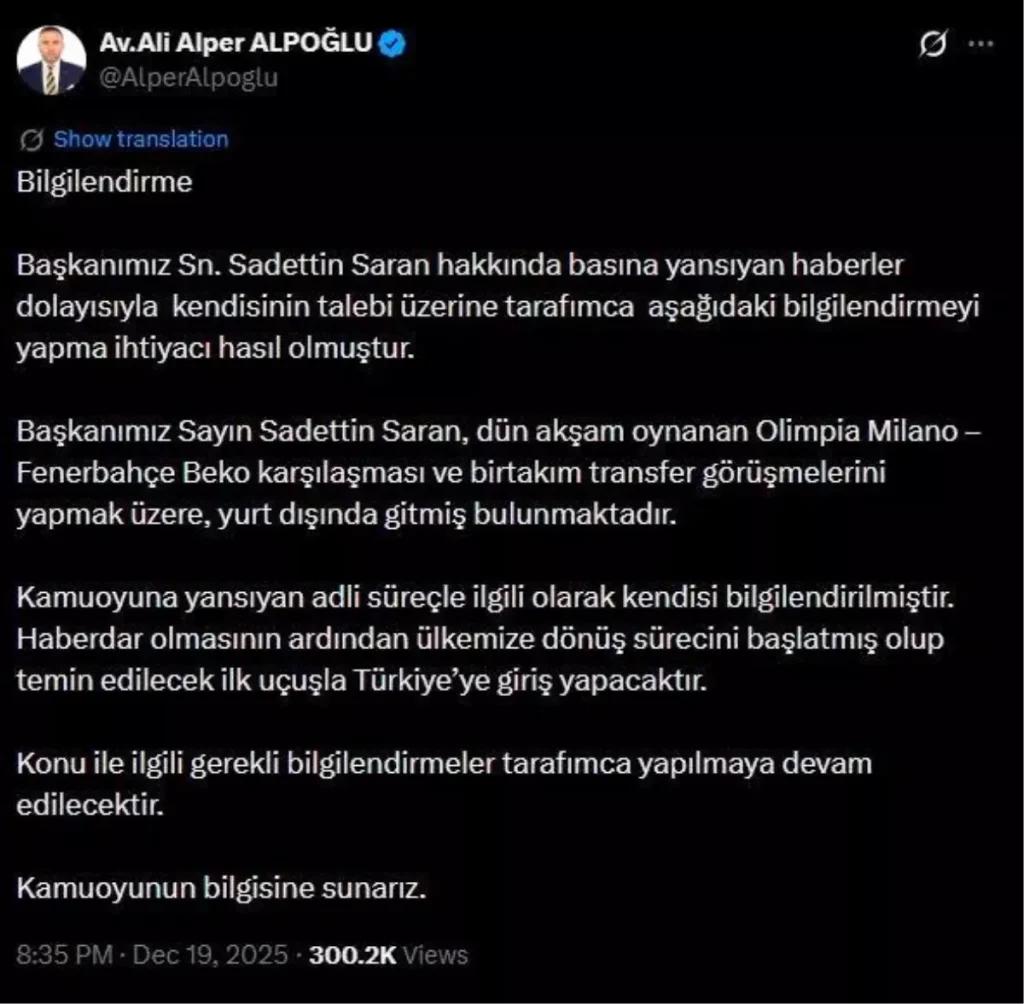 Sadettin Saran Türkiye’ye Dönüyor