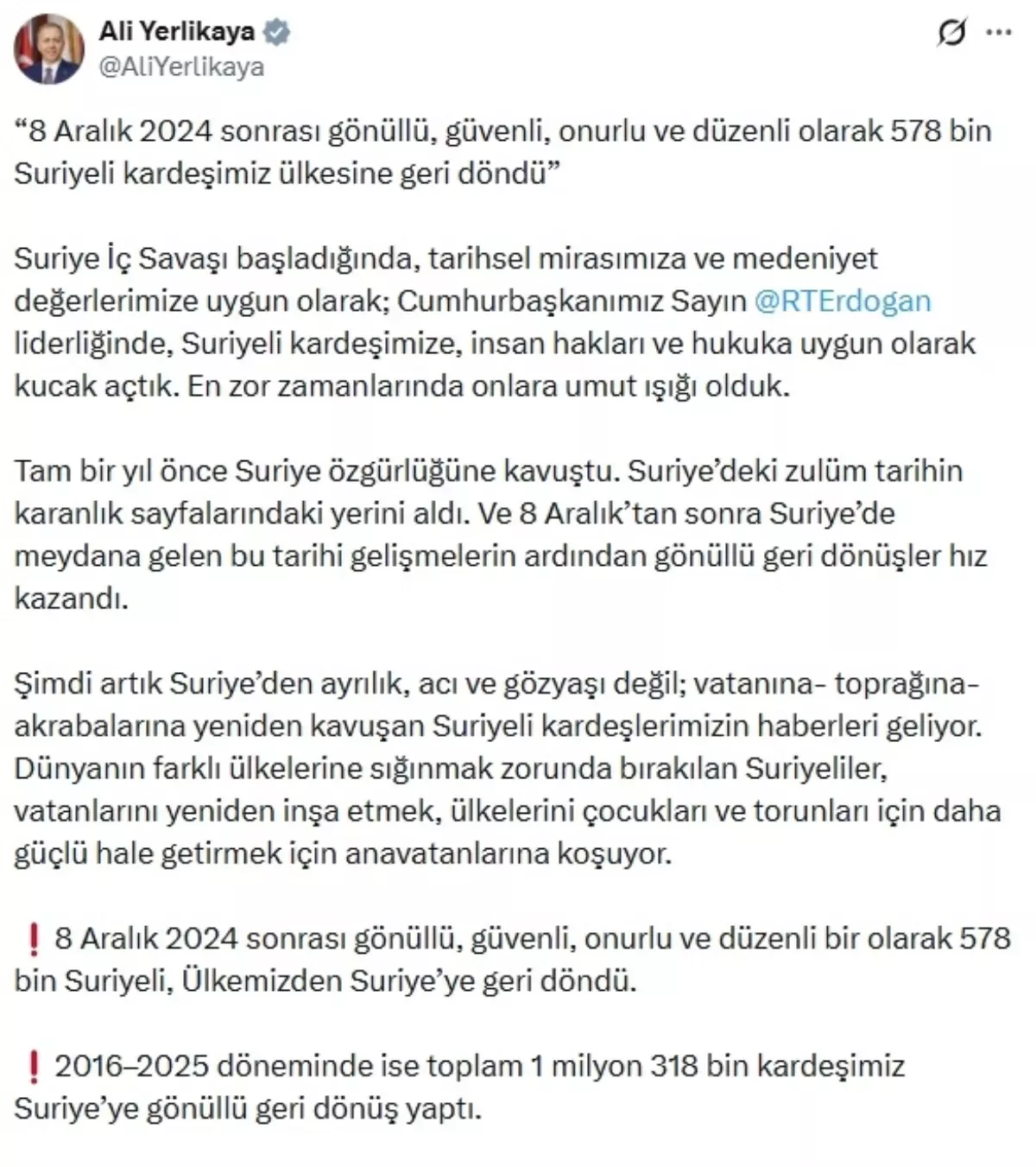 İçişleri Bakanı Yerlikaya: 578 Bin Suriyeli Ülkesine Geri Döndü