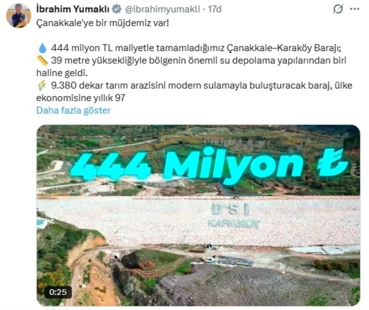Çanakkale‑Karaköy Barajı Tamamlandı: 444 Milyon TL’ye Yatırılan Proje Bölgeye Büyük Ekonomik Katkı Sağlayacak