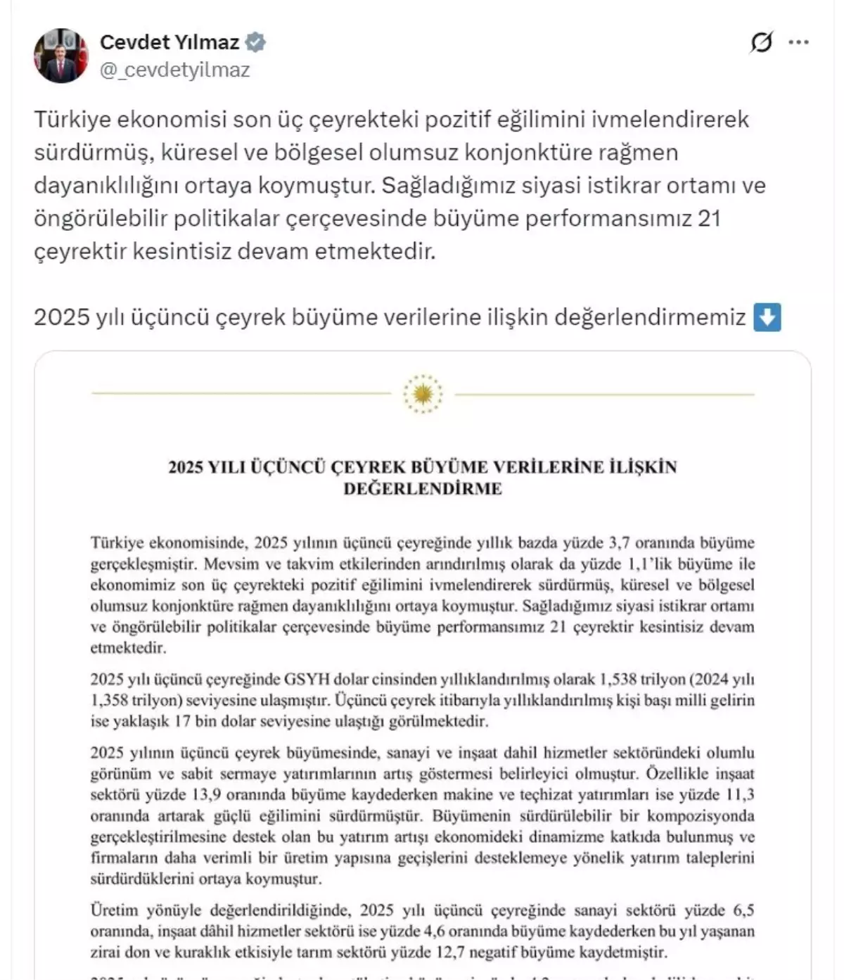 2025 Üçüncü Çeyrek Büyüme Verileri Açıklandı