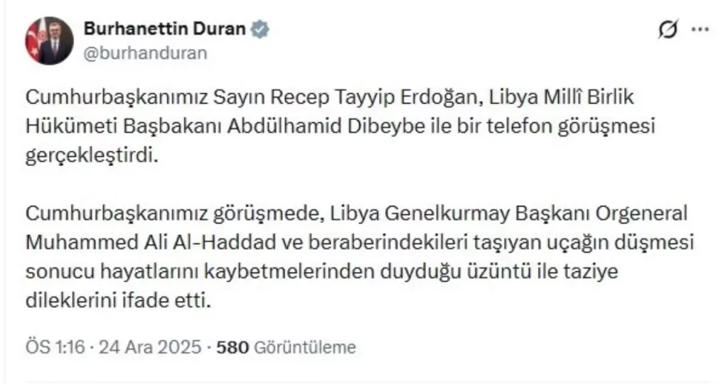 Cumhurbaşkanı Erdoğan, Libya Başbakanı Dibeybe’ye Uçak Kazası Nedeniyle Taziye Telefonu Yaptı