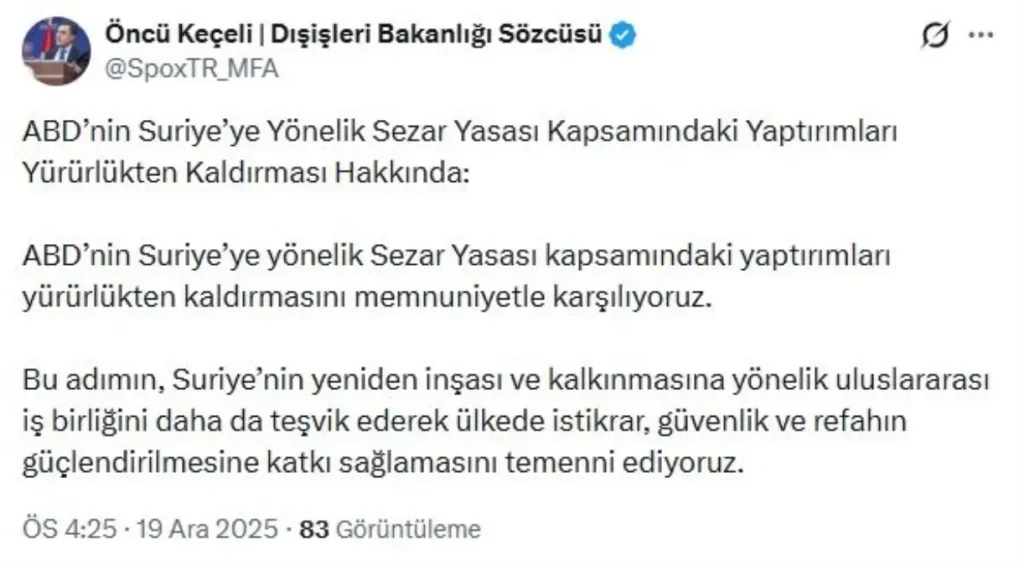 ABD’nin Suriye Yaptırımları Kaldırıldı