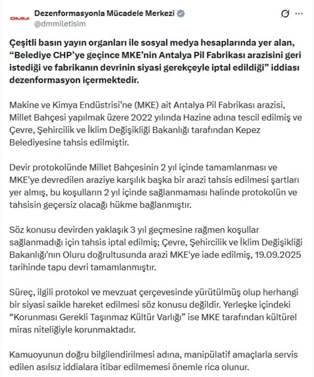 DMM’den Dezenformasyon Açıklaması: Antalya Pil Fabrikası Arazisi İddiaları Yanlışlandı