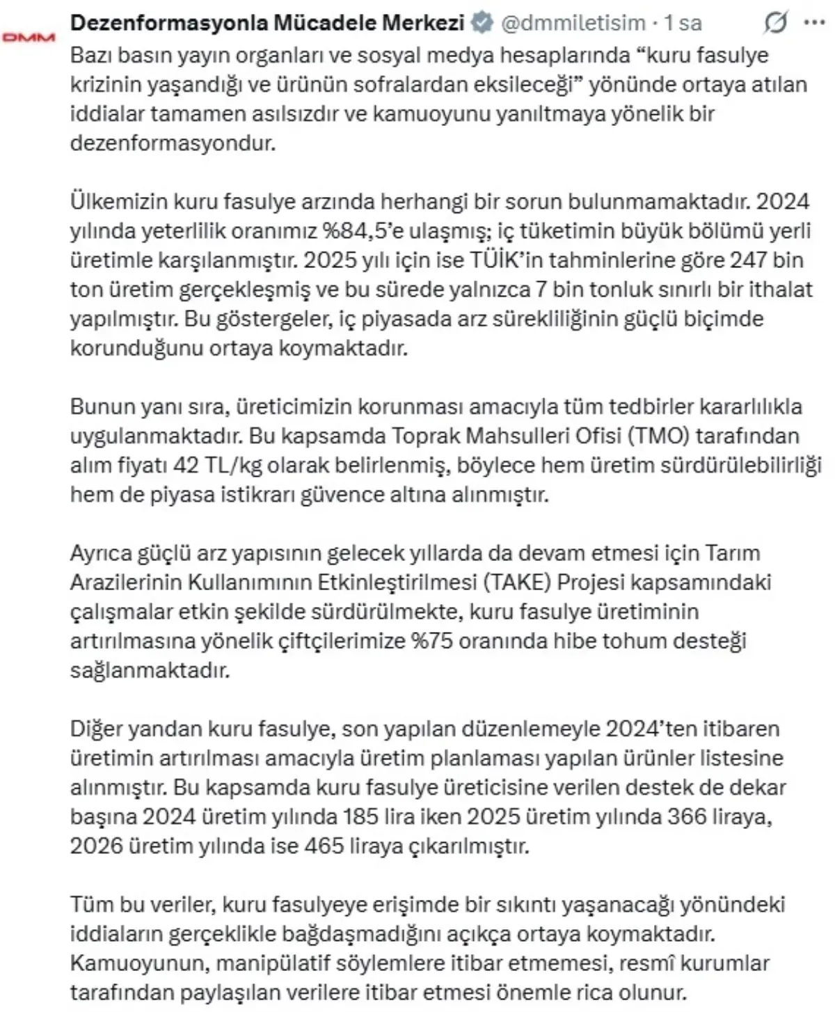 Kuru Fasulye Krizi İddiaları Asılsız – DMM’den Açıklama