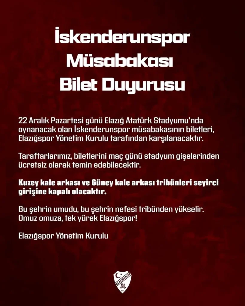Elazığspor’dan Ücretsiz Bilet Müjdesi