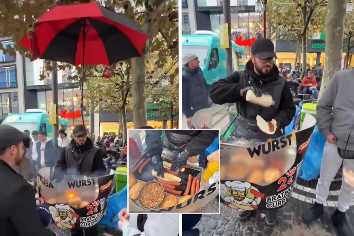 Frankfurt’ta mobil sosisli satıcısı viral oldu: Taşınabilir ızgarası ve dev şemsiyesiyle dikkat çekti