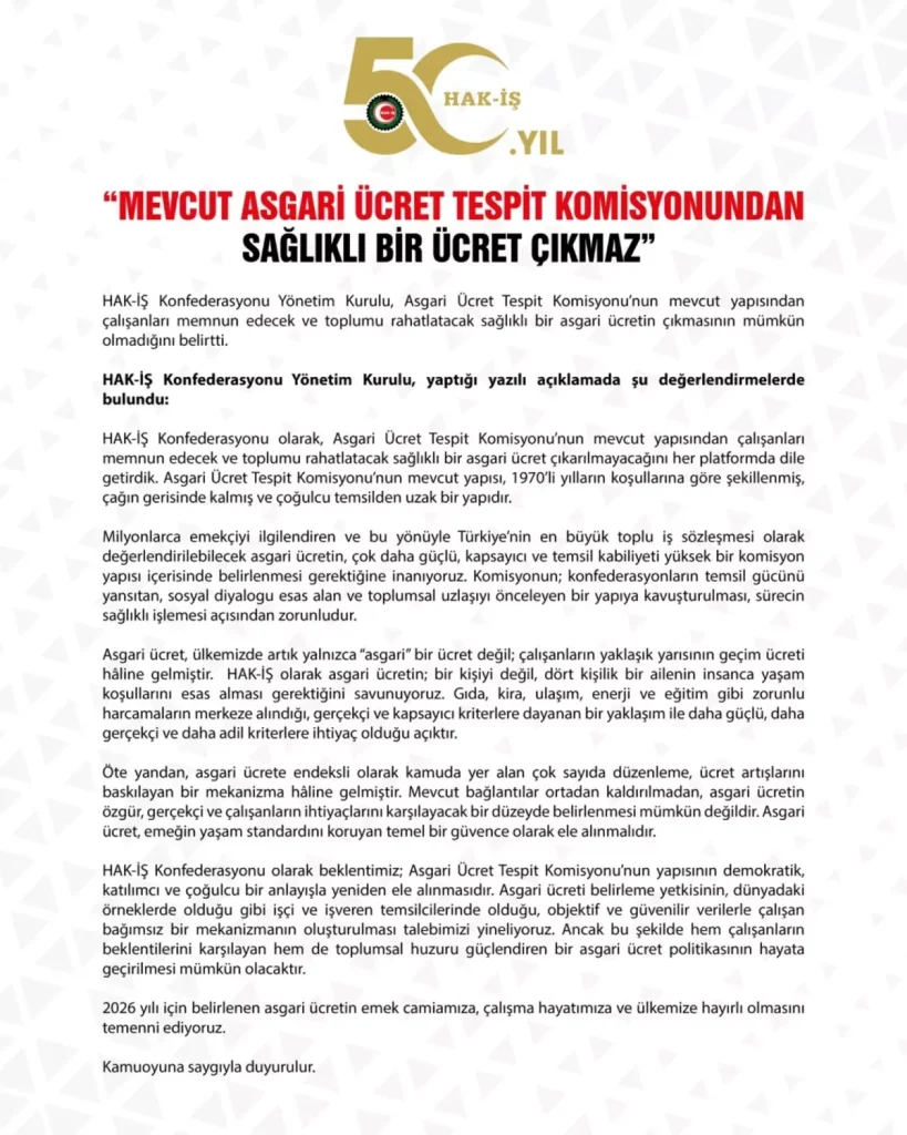 HAK-İŞ’ten Asgari Ücret Komisyonu Reformu İsteği