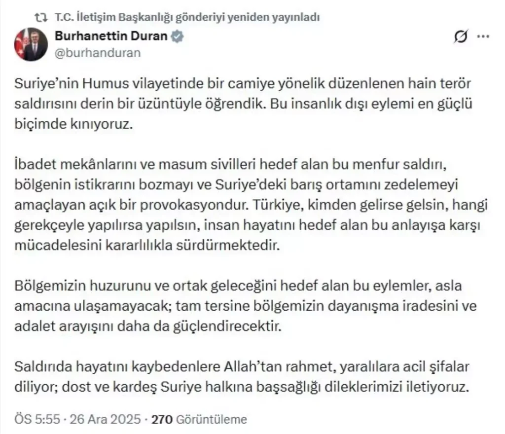Burhanettin Duran’dan Humus’taki Terör Saldırısına Şiddetli Kınama