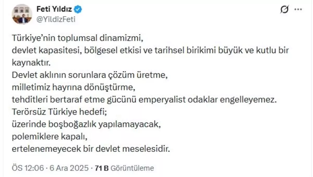 Feti Yıldız’dan ‘Terörsüz Türkiye’ Vurgusu