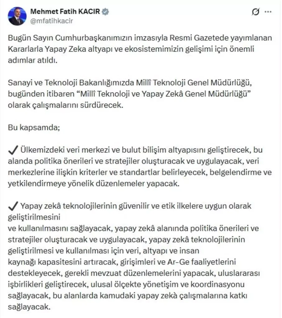 Milli Teknoloji Genel Müdürlüğü, Yapay Zeka Stratejisiyle ‘Yapay Zeka Genel Müdürlüğü’ Şeklinde Yeniden Yapılandırıldı