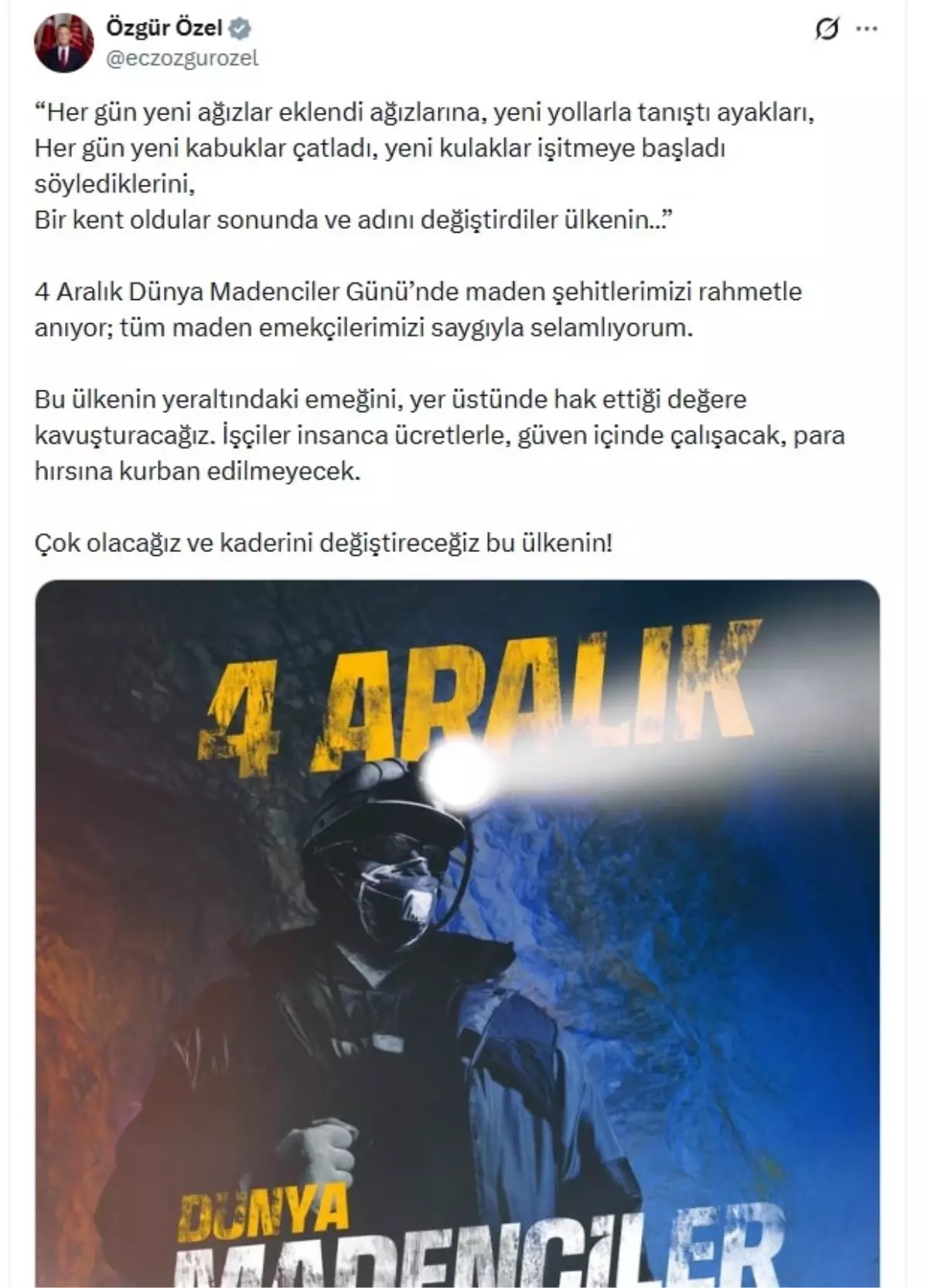 Özgür Özel’den ‘Dünya Madenciler Günü’ Mesajı