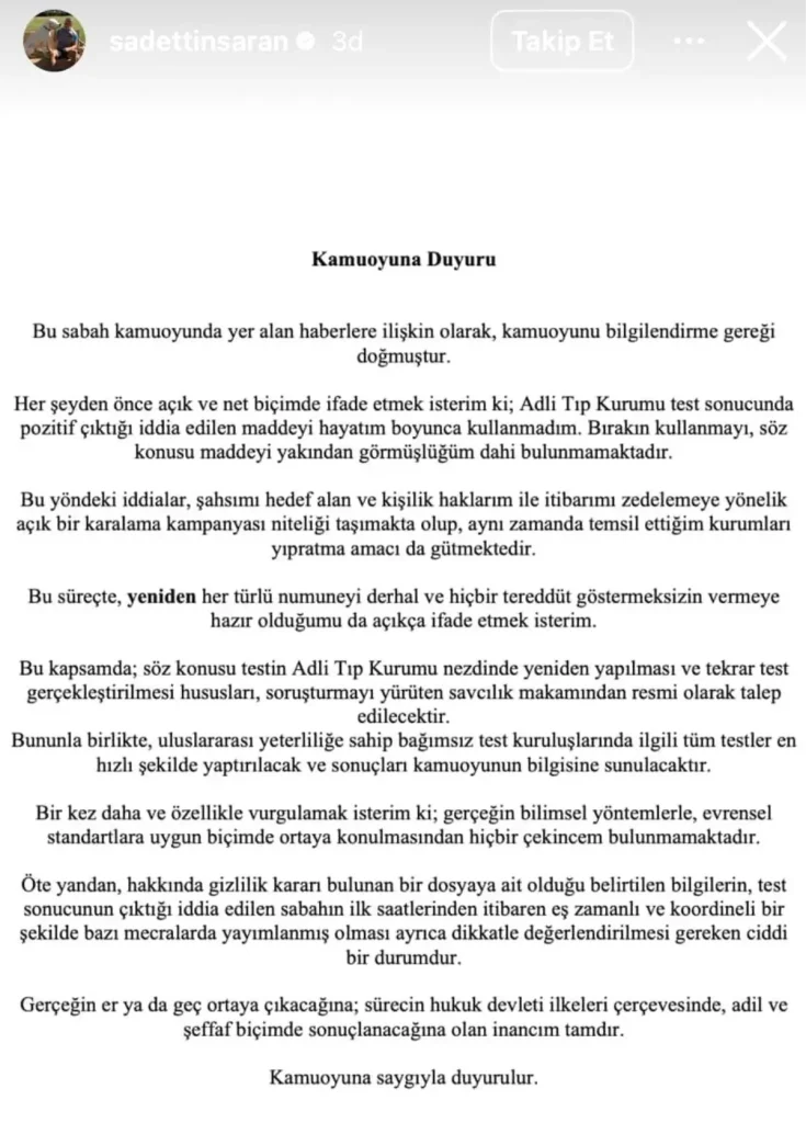 Sadettin Saran: Uyuşturucu Testine Sert Yanıt ve Karalama Kampanyası İddiaları