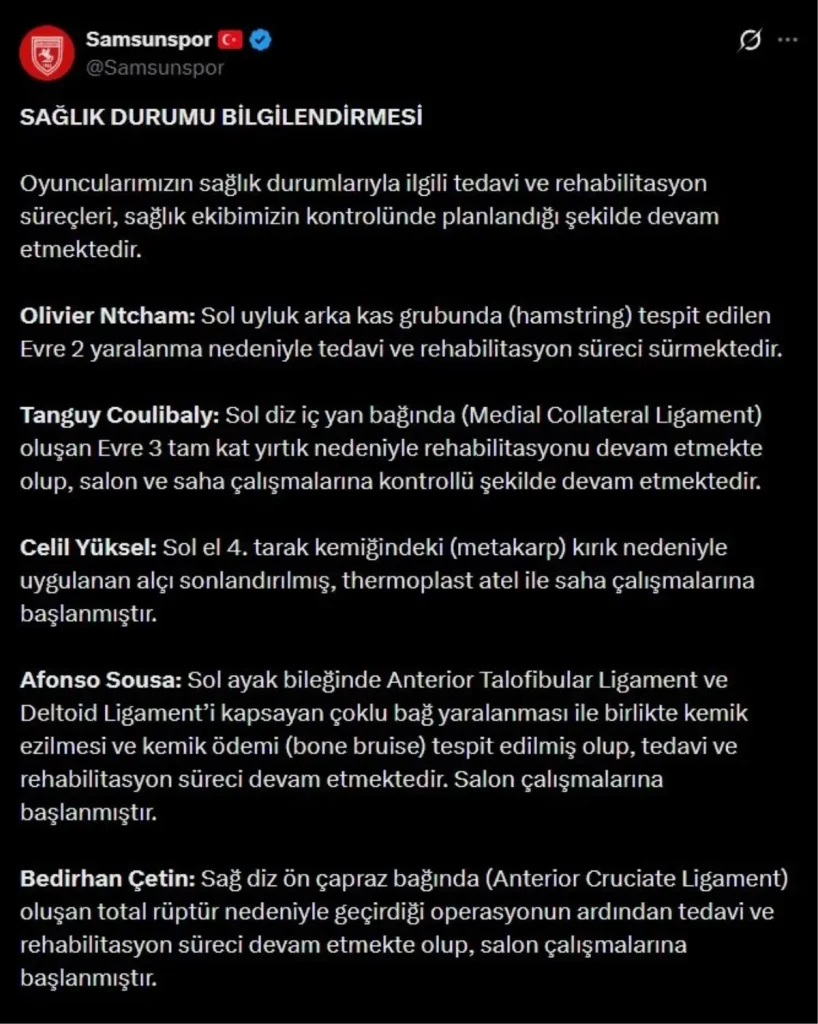 Samsunspor’dan Sakatlar Hakkında Güncel Bilgi